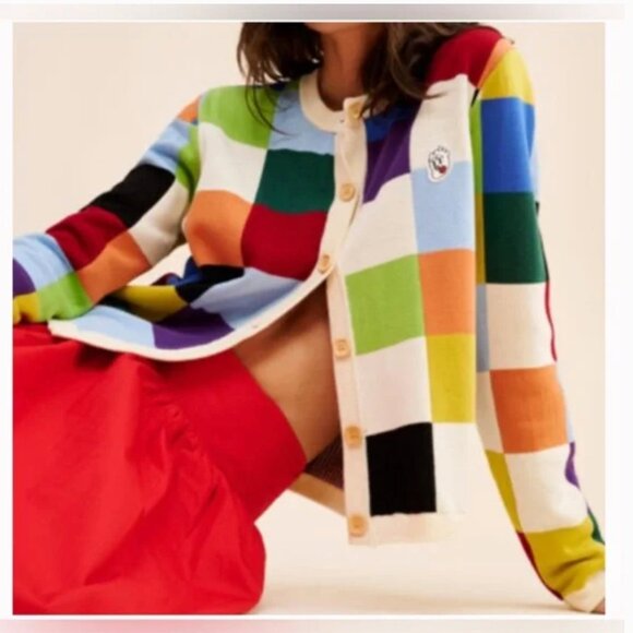 Anthropologie Kina & Tam Cubis Cardigan cotton colorblock square design size XL - Picture 1 of 13